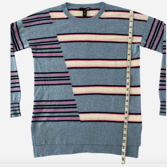 AQUA Cashmere High Low Crewneck 100% Cashmere Sweater Striped Blue Pink (Small) - Picture 5 of 6